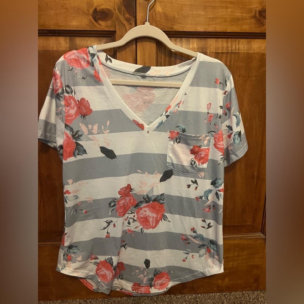 Floral Striped V-Neck Women Top